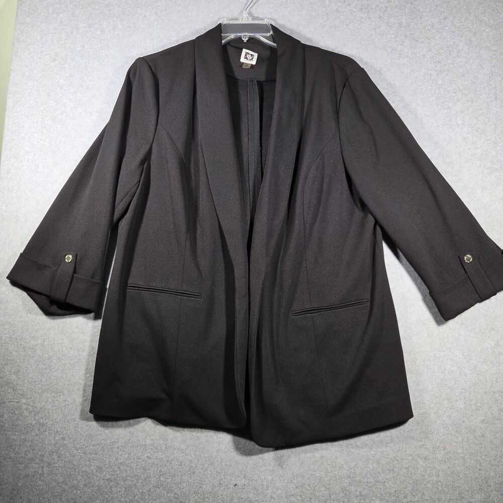 Anne Klein Black Shawl Collar Open Front Long Blazer 3/4 Sleeve Plus 2X